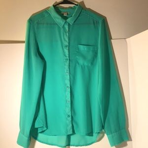 American Eagle top sheer button down long sleeve size large pop color teal green